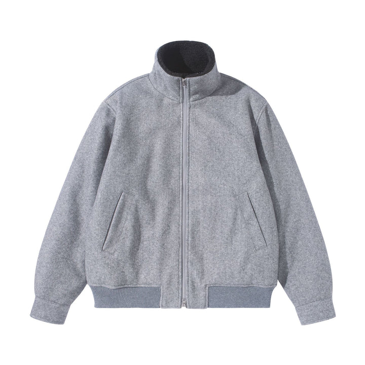 Unisex Boxy Wool Felt Bomber Jacket with High Stand-Up Collar, Fleece Lining and Ribbed Hem Mune Fashion