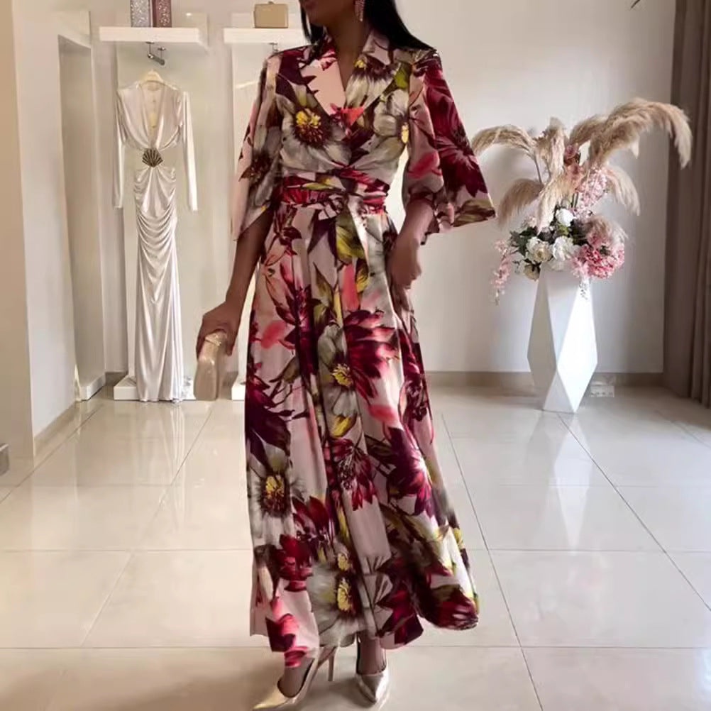 Ladies nan maxi dress with shawl collar, kimono sleeves and waist-defining tie belt Mune Fashion