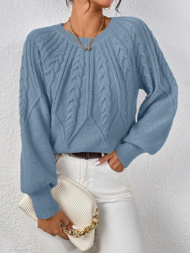 Women's short cable knit sweater with balloon sleeves and ribbed hem Mune Fashion