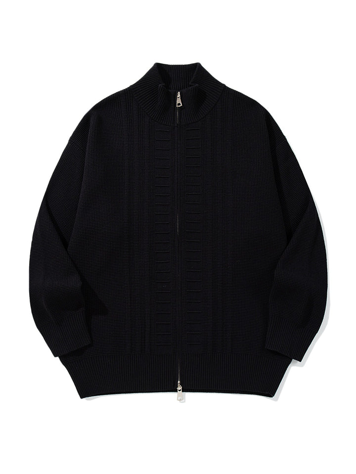 Men's chunky knit zip jacket with stand-up collar and two-way opening zipper Mune Fashion