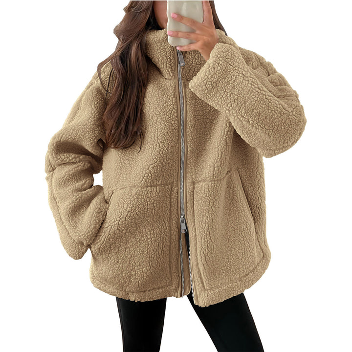 Women's oversized teddy fleece jacket with stand-up collar and full-length zipper Mune Fashion