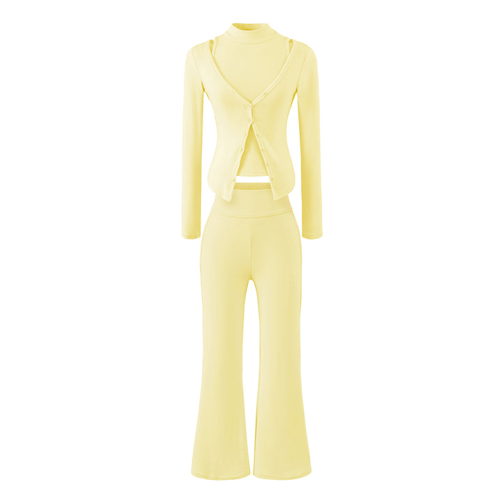 Women Figure-Hugging Layering Set with Turtleneck Long Sleeve and Asymmetrical Button Jacket and Flared High-Waist Pants Mune Fashion