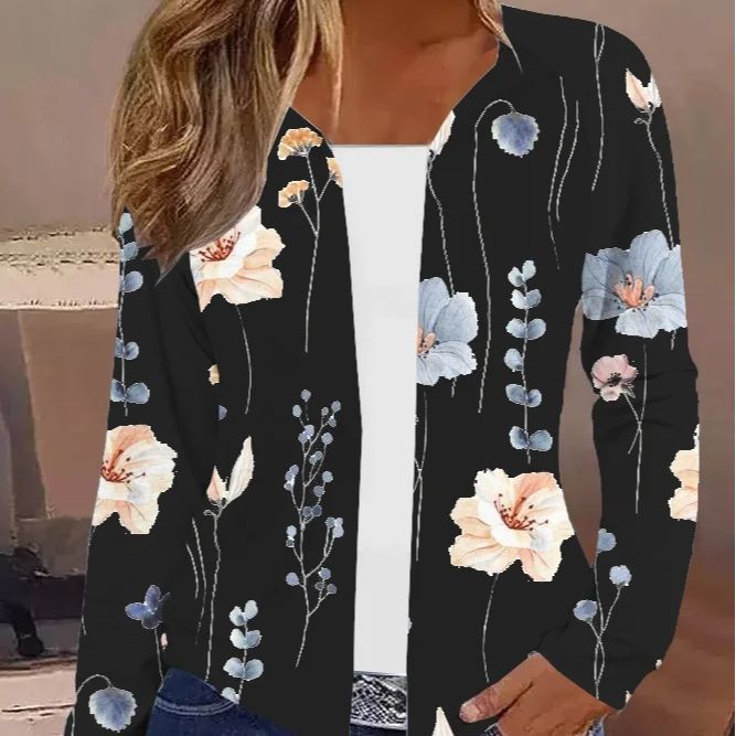 Ladies Lightweight Open Knit Cardigan with Floral Watercolor Print and Casual Fall Mune Fashion