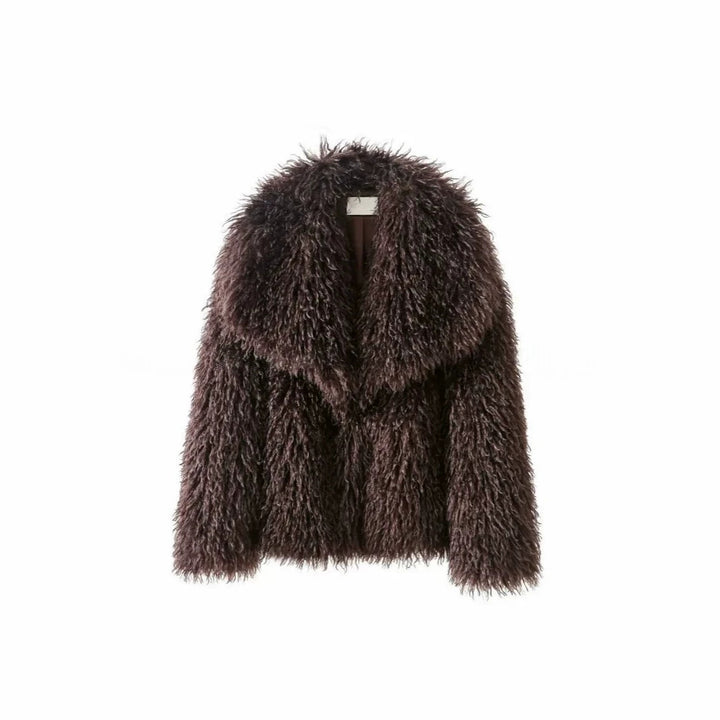 Women's short jacket made of long-pile faux fur with extra wide shawl collar Mune Fashion