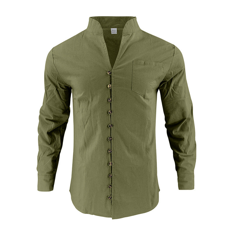 Men's lightweight linen shirt with stand-up collar, full button placket, and patch chest pocket Mune Fashion