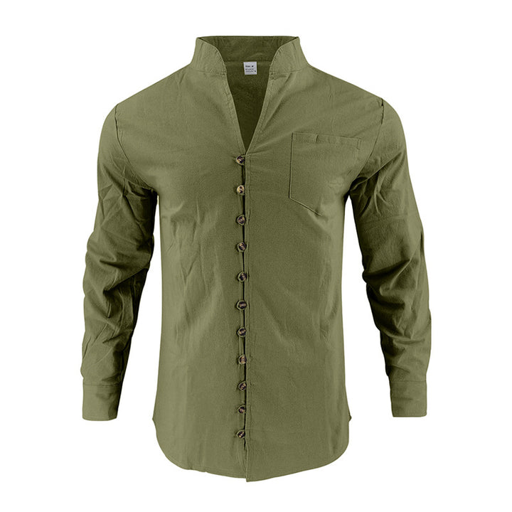 Men's lightweight linen shirt with stand-up collar, full button placket, and patch chest pocket Mune Fashion