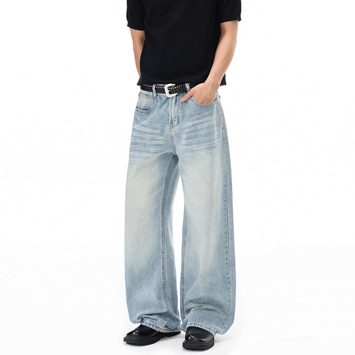 Men's Wide Loose Palazzo Denim Jeans with Drop Crotch and Light Used Wash Mune Fashion