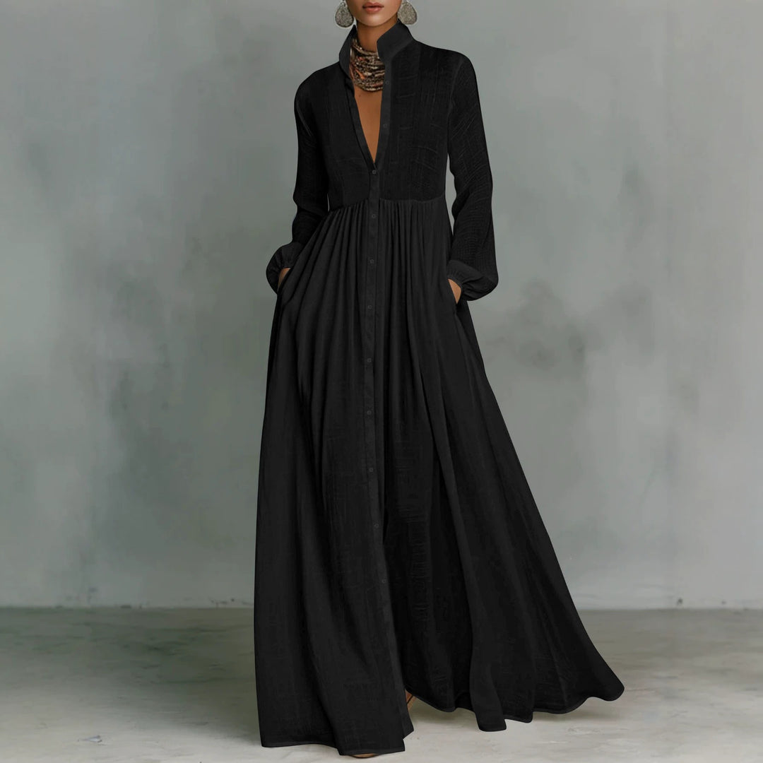 Ladies Maxidress with stand-up collar, continuous button placket, waist-high gathering and side pockets Mune Fashion