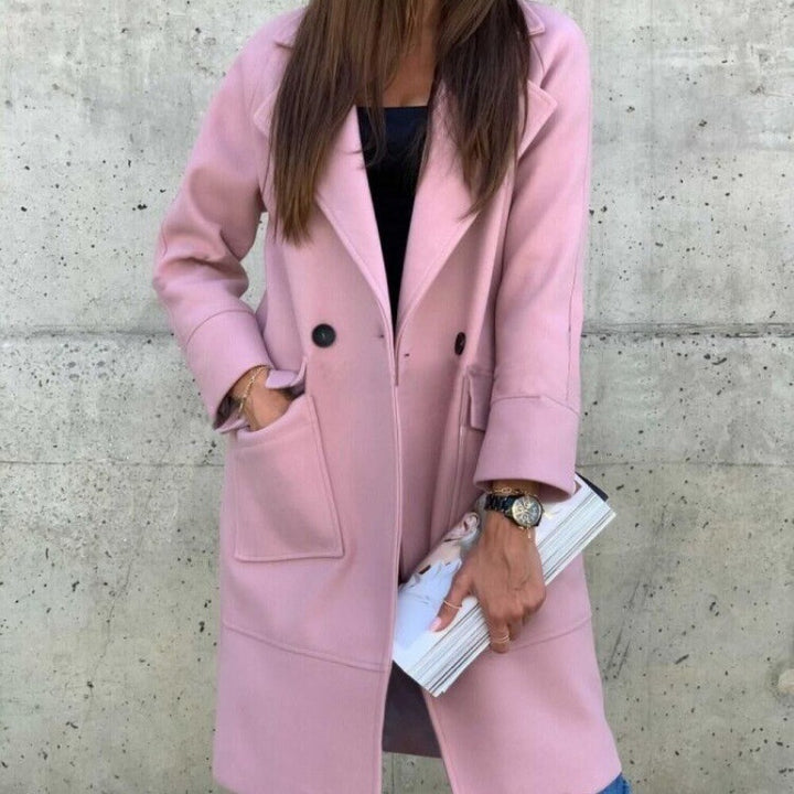 Women's Midi-Length Wool Blend Coat in Clean-Cut with Notched Collar and Patch Pockets Mune Fashion