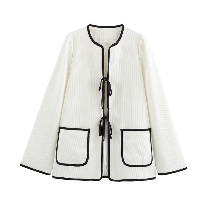 Women's Elegant Short Jacket without Collar with Contrast Piping, Ties and Patch Pockets Mune Fashion