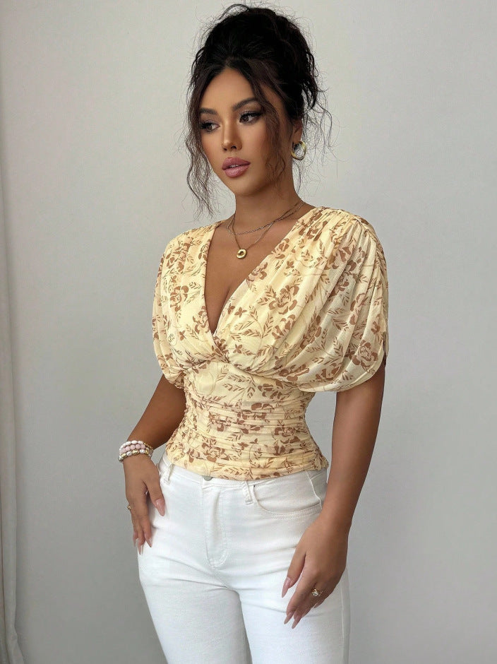 Women’s Fitted Wrap Blouse with Deep V-Neck, Ruffled Waist, and Kimono Sleeves Mune Fashion