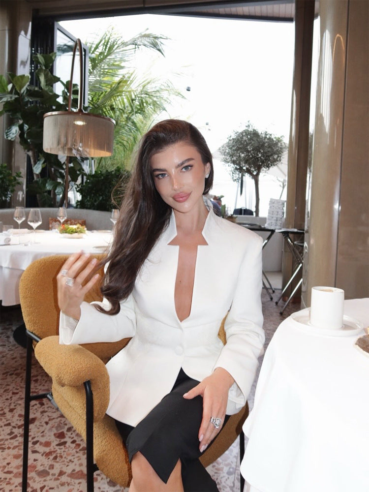 Women Tailored Single-Breasted Blazer with Stand Collar and Deep V-Neck Mune Fashion