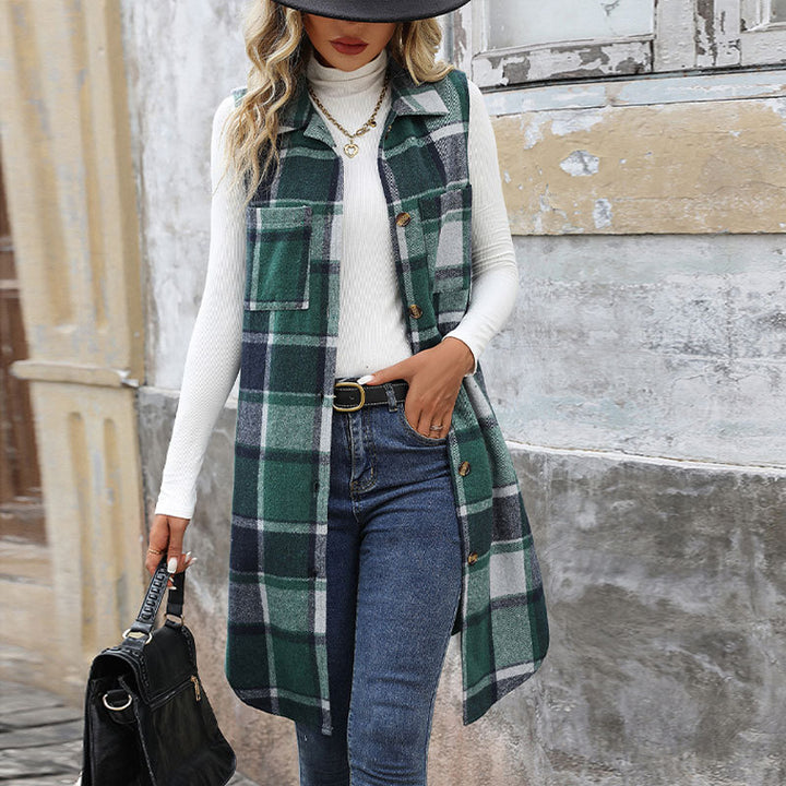 Women's Longer Check Vest with Pockets Mune Fashion