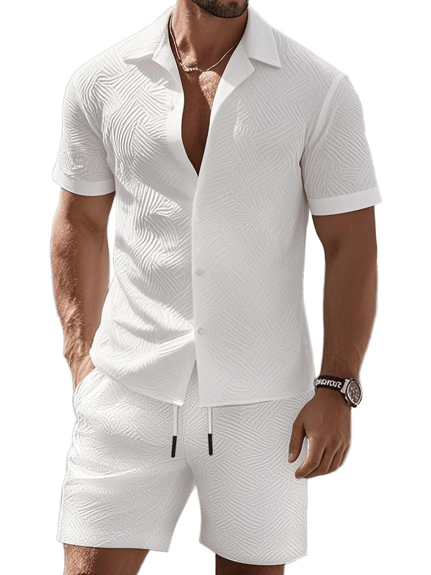 Men's nan geometric embossed short sleeve shirt and Bermuda two-piece set with shirt collar and drawstring Mune Fashion