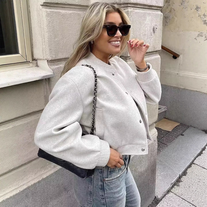 Women Short-Cut Wool Blend Bomber Jacket with Snap Buttons and Ribbed Cuffs Mune Fashion