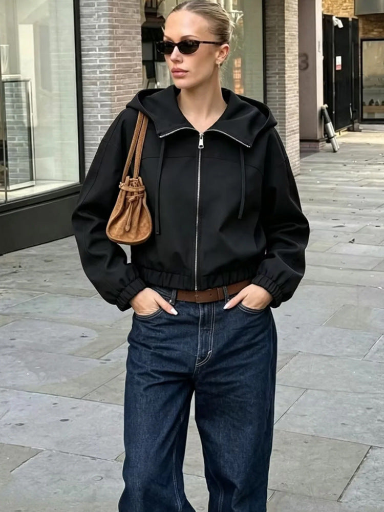 Women Light Hooded Jacket Cropped with Elastic Hem Mune Fashion
