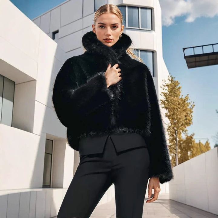 Women's Short Hooded Faux Fur Jacket with Dense Pile, Boxy Silhouette and Elastic Hem Mune Fashion