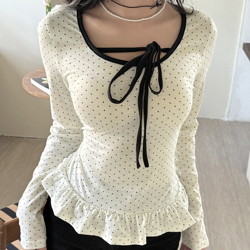 Women's fitted long sleeve with frill hem, drawstring and fine polka dot pattern Mune Fashion