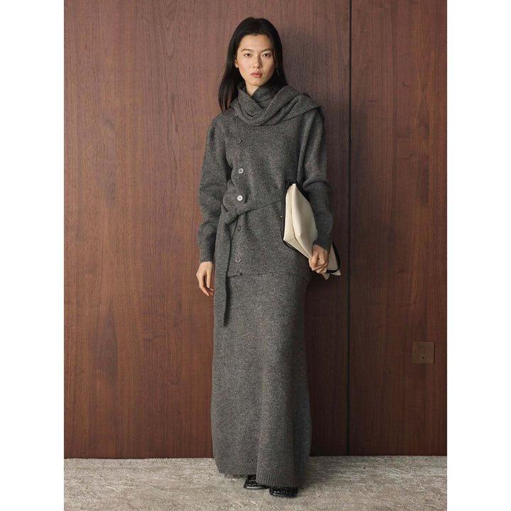 Women's Buttoned Knit Coat with Ties and Maxi Skirt Mune Fashion