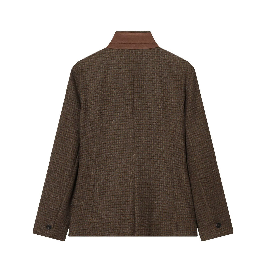 Women Short Tweed Blazer with Standing Collar, Button Placket and Flap Pockets Mune Fashion