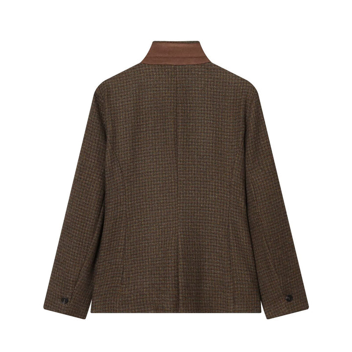 Women Short Tweed Blazer with Standing Collar, Button Placket and Flap Pockets Mune Fashion