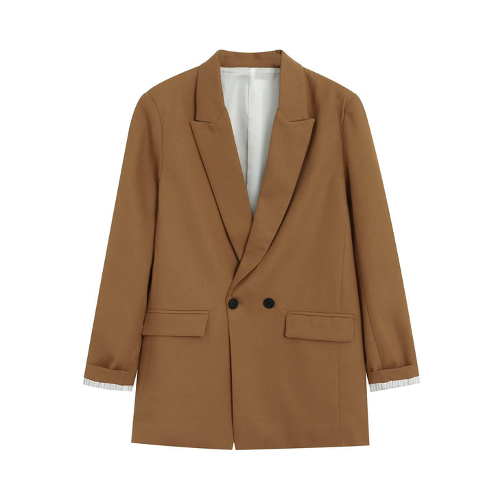 Women's Double-Breasted Long Blazer with Patch Pockets and Cuffed Sleeves Mune Fashion