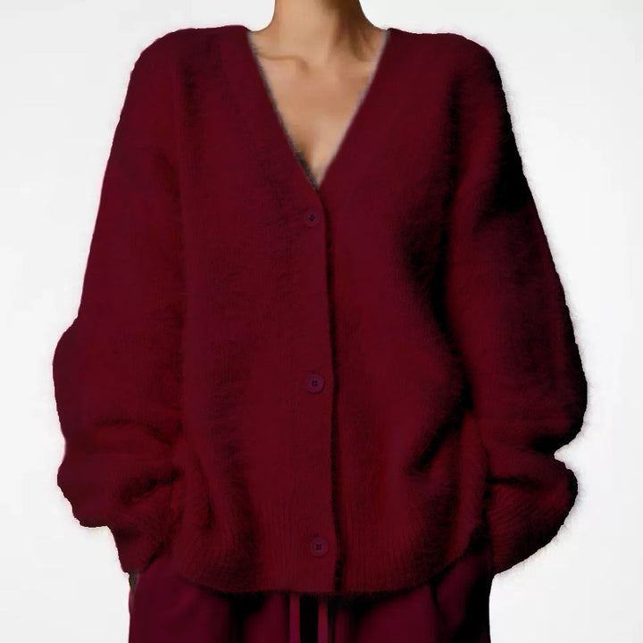 Women's Fluffy Oversize Button Cardigan with Deep V-Neck and Insert Pockets Mune Fashion