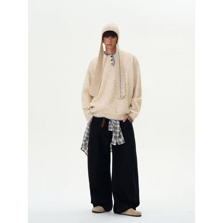 Men's chunky knit Henley pullover with boucle look and contrast cuffs Mune Fashion
