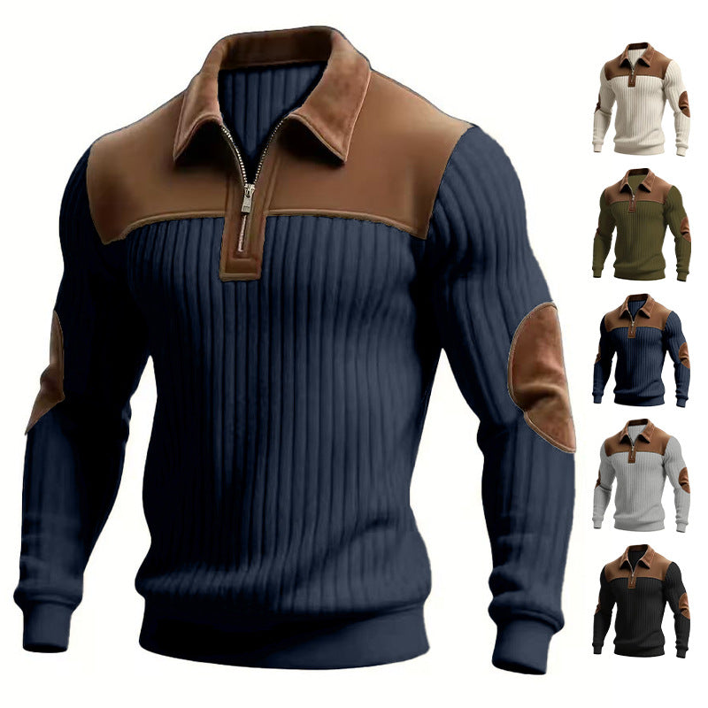 Men's ribbed half-zip pullover with contrasting leather appliqués on shoulders and elbows Mune Fashion