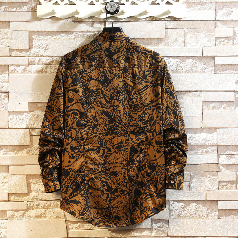 Men's Loose Linen Shirt with Large Floral Print and Shirt Collar Mune Fashion