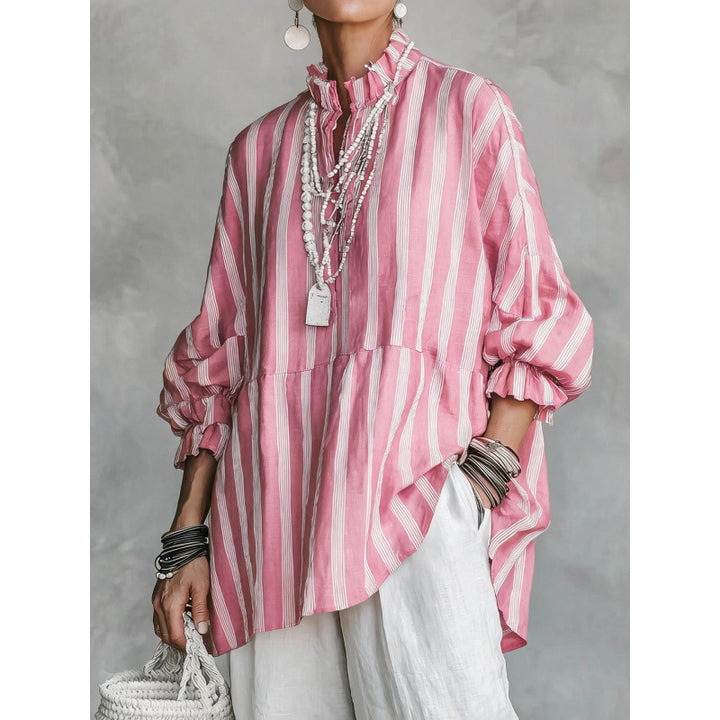 Women's Striped Oversize Tunic with Ruffle Collar and Balloon Sleeves Mune Fashion