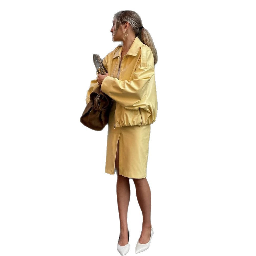 Women's Two-Piece Faux Leather Set with Cropped Bomber Jacket and Fitted Pencil Skirt Mune Fashion