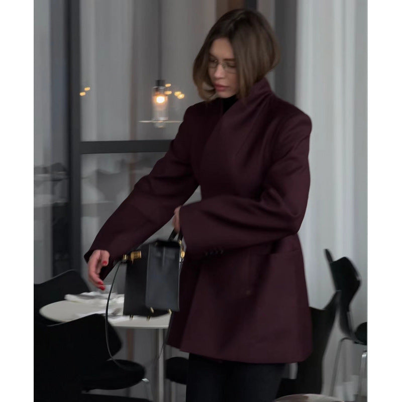 Women's tailored blazer dress coat with stand collar, distinctive shoulder shape, and patch pockets Mune Fashion