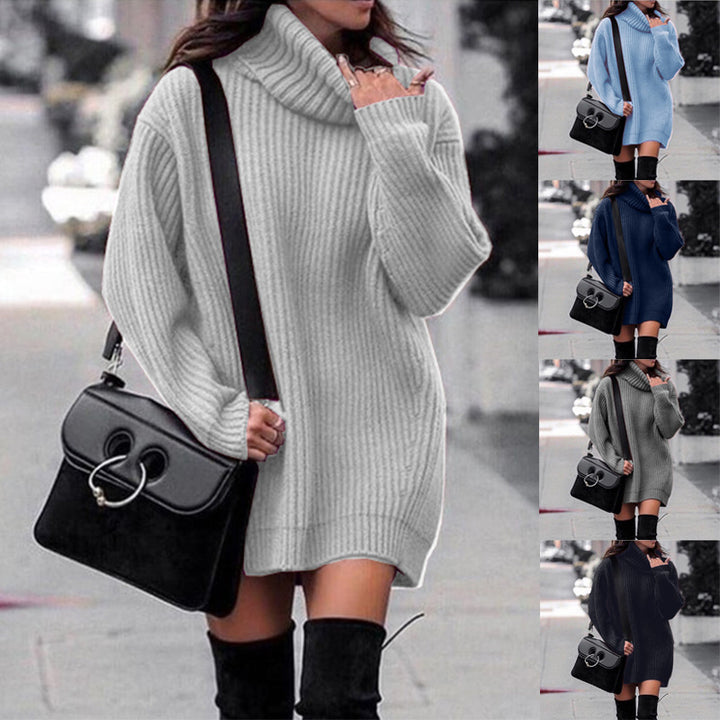Women Oversized Long Sweater with Roll Neck, Ribbed Fine Knit and Figure-Flattering Tunic Length Mune Fashion