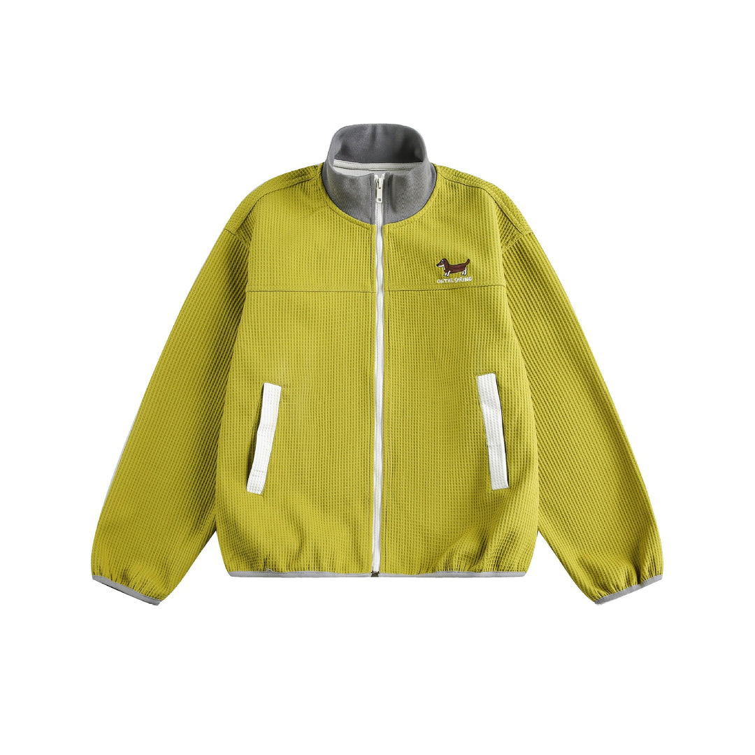 Women’s waffle structure zip jacket in boxy cut with stand-up collar and dog embroidery Mune Fashion