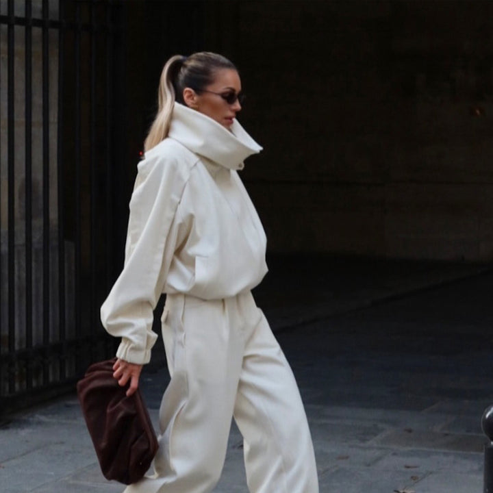 Women's Two-Piece Oversized Jacket and Pleated Pants Set with High Stand Collar Mune Fashion