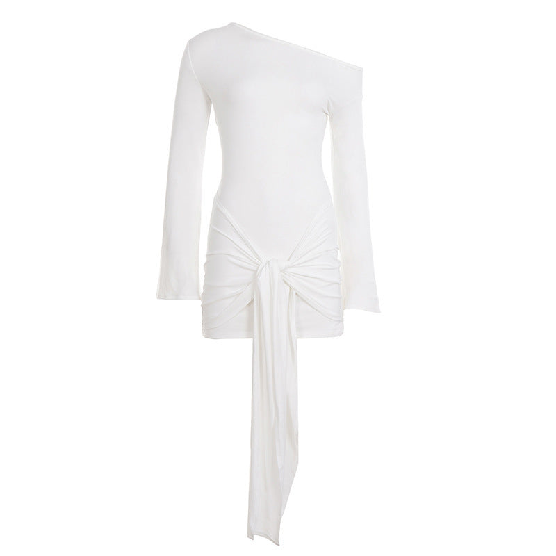 Women Asymmetric One-Shoulder Mini Wrap Dress with Knot Front and Draped Bow Mune Fashion