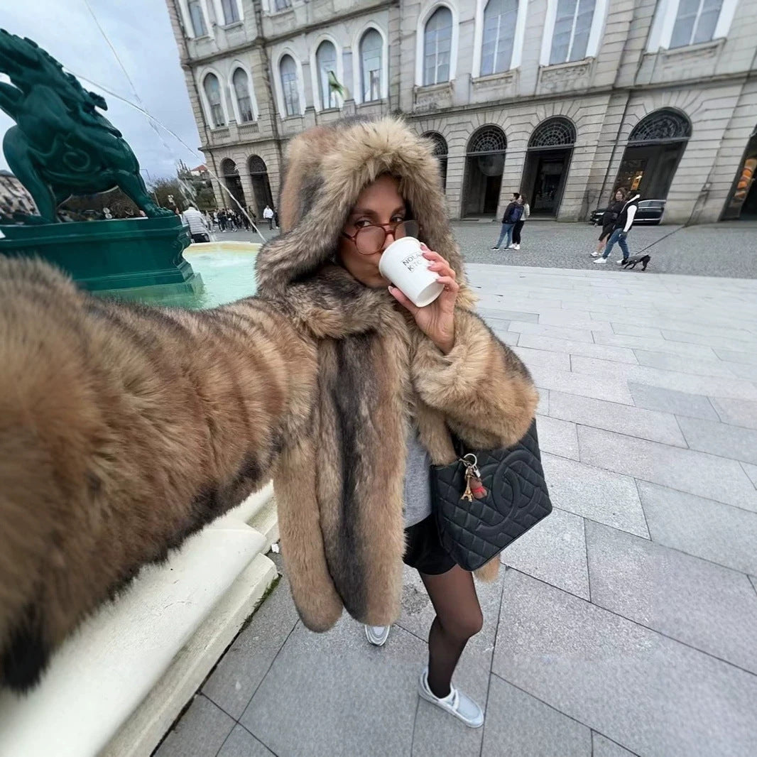 Women's Luxury Faux Fur Coat with A-Line Cut, Hood, and Microfiber Lining Mune Fashion
