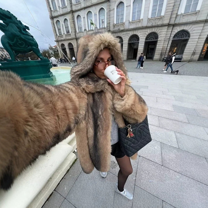 Women's Luxury Faux Fur Coat with A-Line Cut, Hood, and Microfiber Lining Mune Fashion