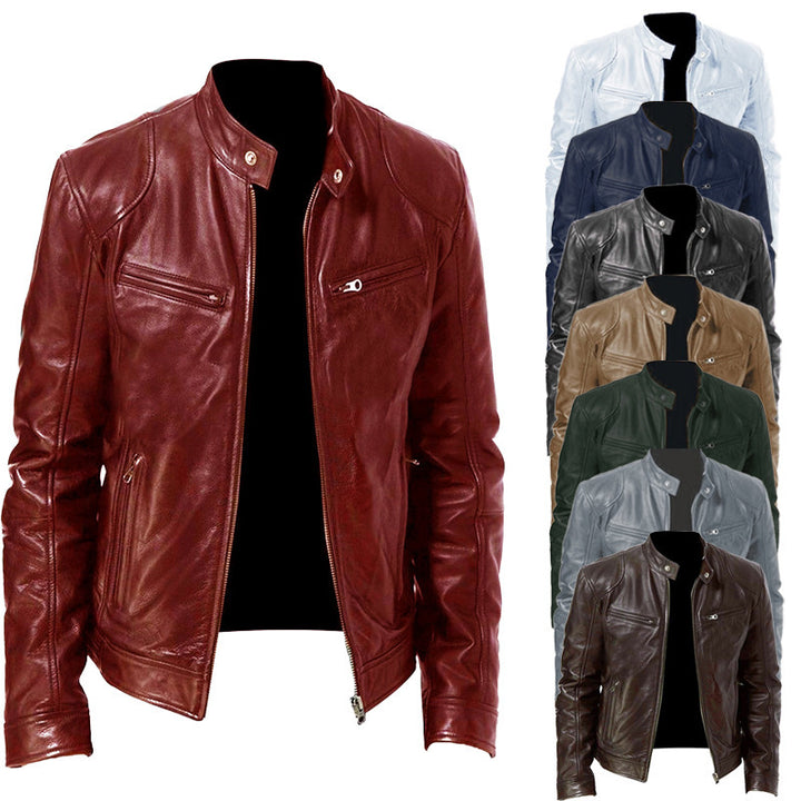 Men's slim genuine leather biker jacket with stand-up collar, two zippered chest pockets and straight silhouette Mune Fashion