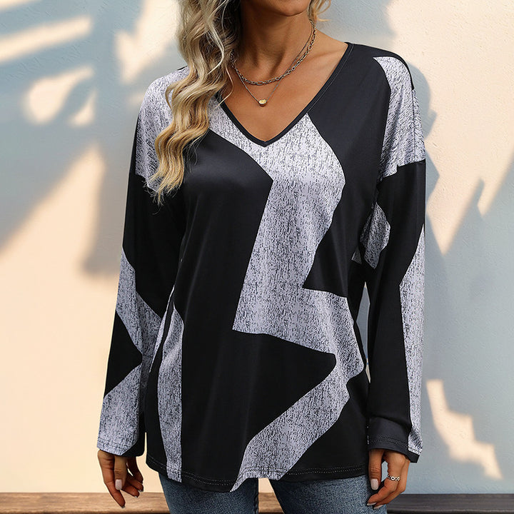 Women's Oversize V-Neck Shirt with Abstract Graphic Print and Light Fall Mune Fashion