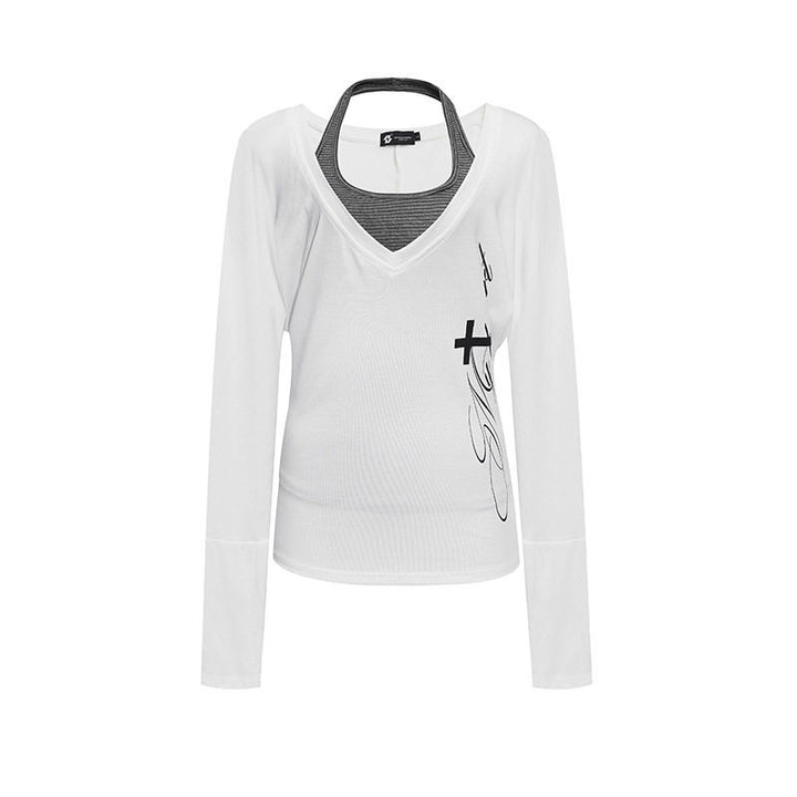 Women's layer long-sleeve shirt with deep V-neck, halter inner layer and side script print Mune Fashion