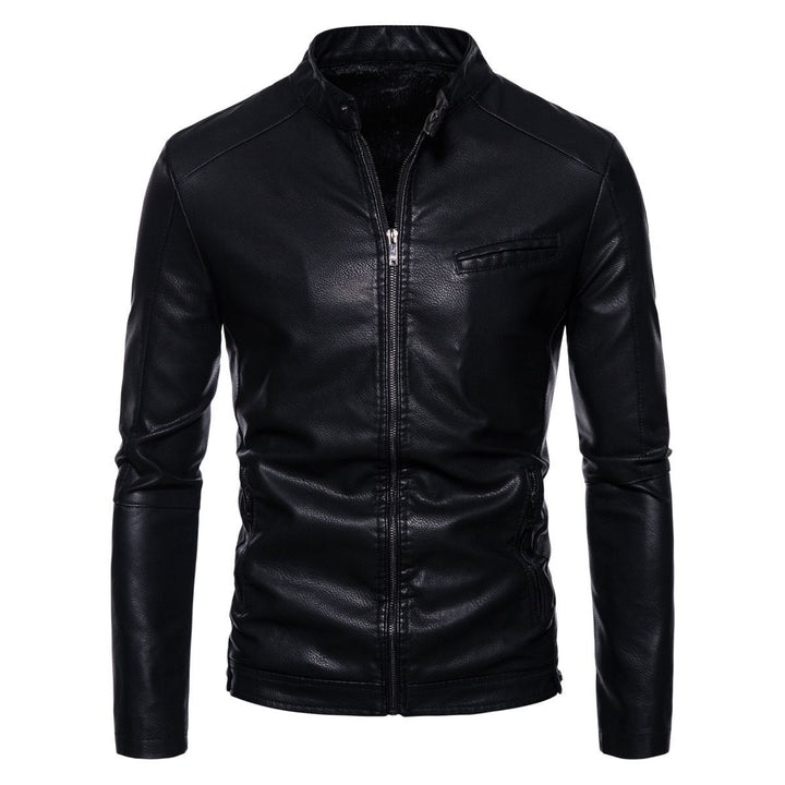 Men's Slim Faux Leather Biker Jacket with Stand-up Collar, Faux Fur Lining and Zipper Pockets Mune Fashion