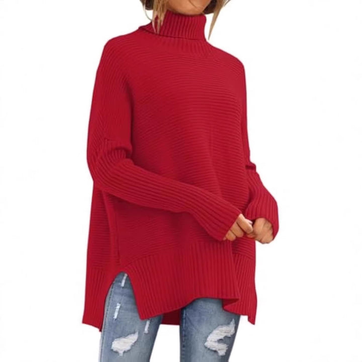 Women Oversize Ribbed Turtleneck Sweater with Side Slits and Extended Hem