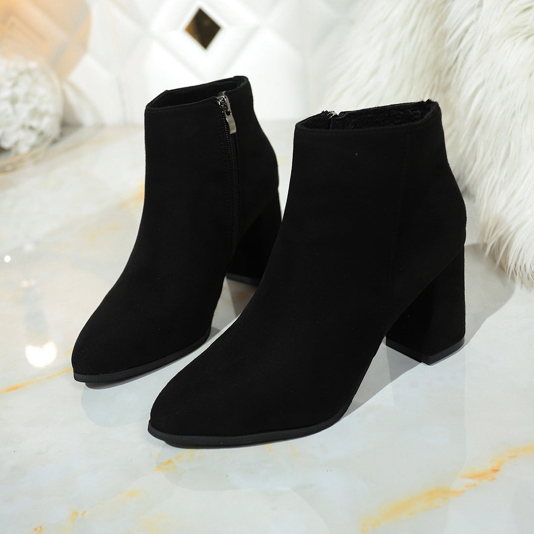 Women Ankle Boots with Block Heel, Pointed Toe and Side Zip Mune Fashion