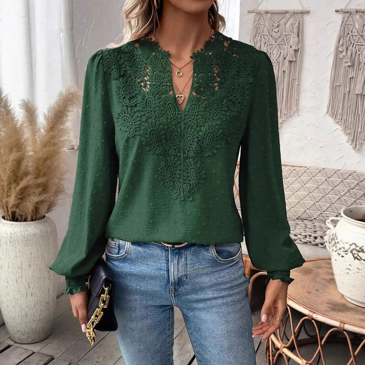 Women blouse with v-neck lace appliqué, structured dot, gathered cuffs and slightly tailored silhouette Mune Fashion