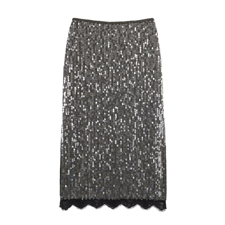 Women's sequined pencil skirt with elastic waistband and lace trim Mune Fashion