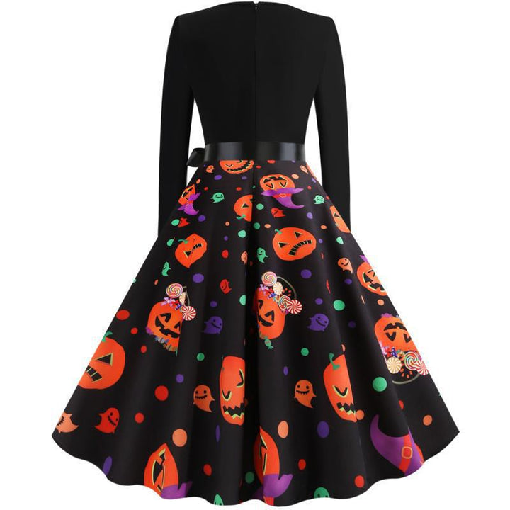 Women Retro Festive Halloween Dress with Wavy Neckline, Tailored Fit, and Soft Flared Skirt Mune Fashion