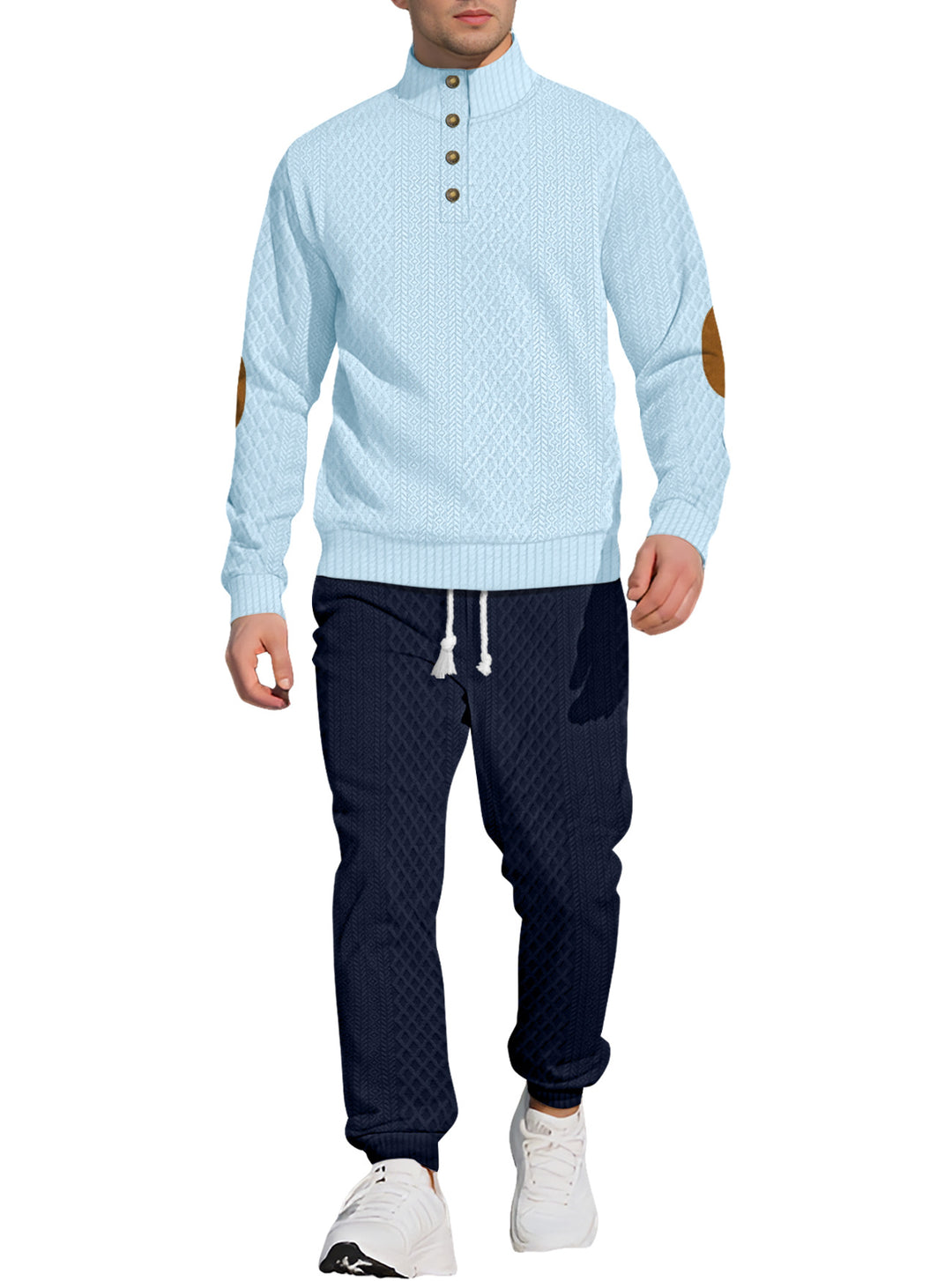 Men's patterned knit leisure set with half-button stand collar suede elbow patches and drawstring joggers Mune Fashion
