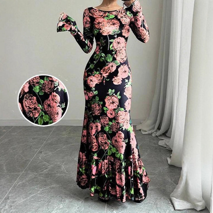 Women's fitted maxi dress with mermaid cut, long bell sleeves, and ruffled hem Mune Fashion